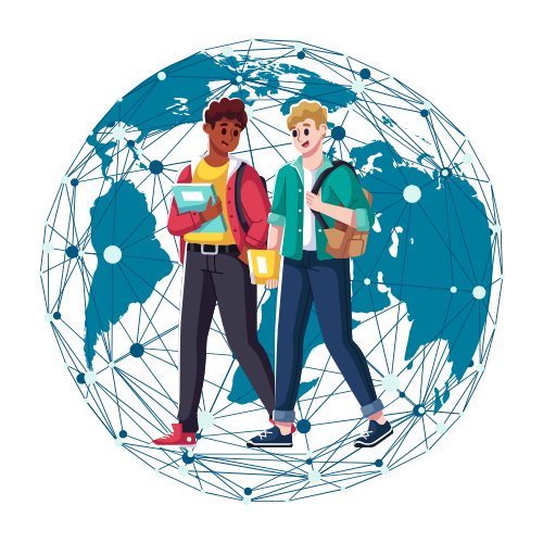 International students in front of a connected world map
